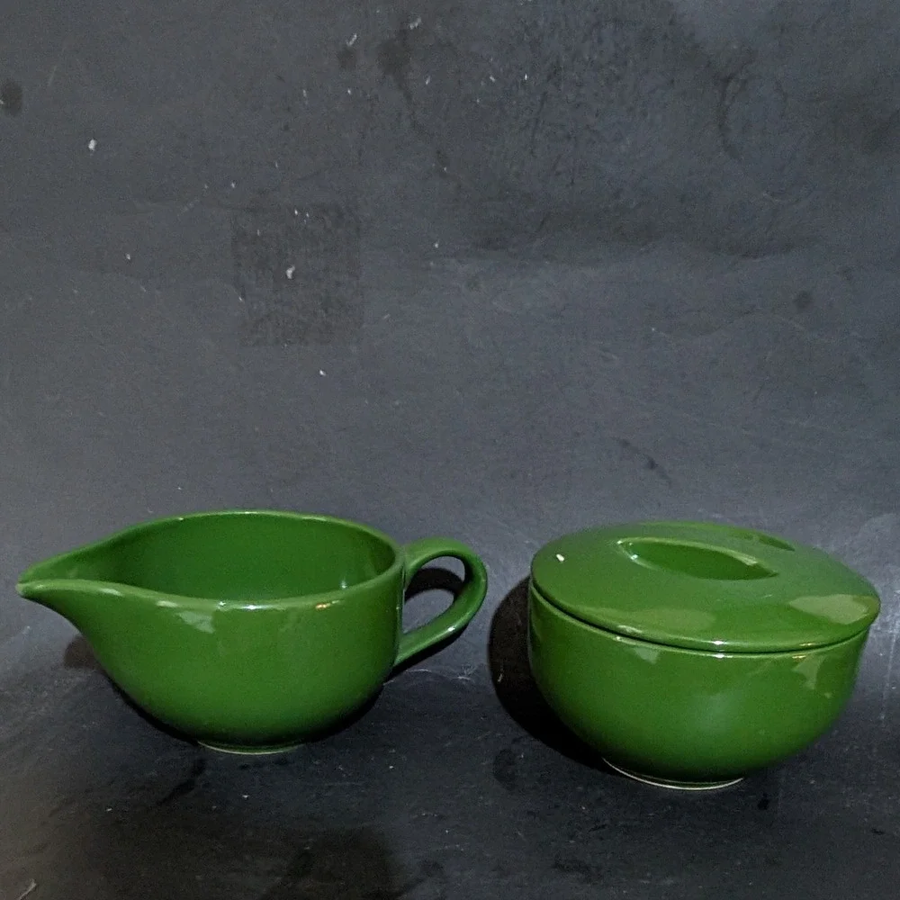Vintage Green Ceramic Creamer and Lidded Sugar Bowl Set Mid Century Modern